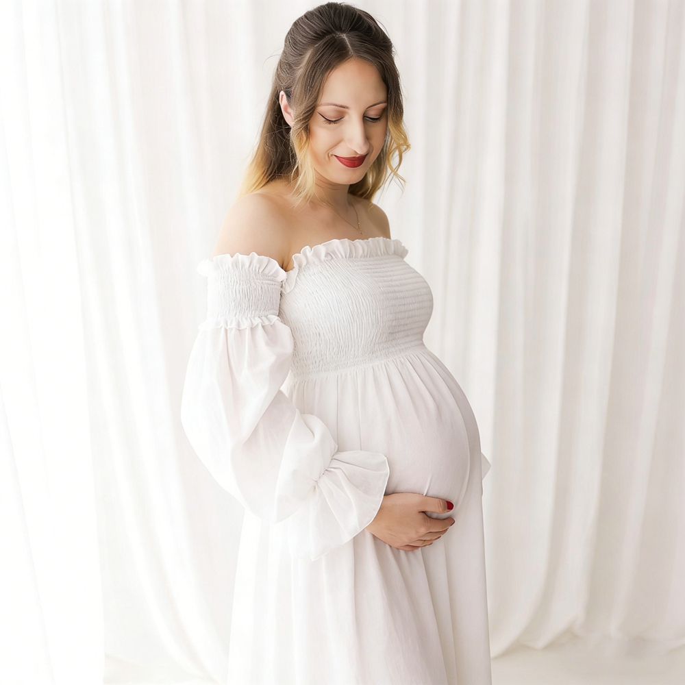 Maternity Wear - Maternity Dress Photography White Off Shoulder